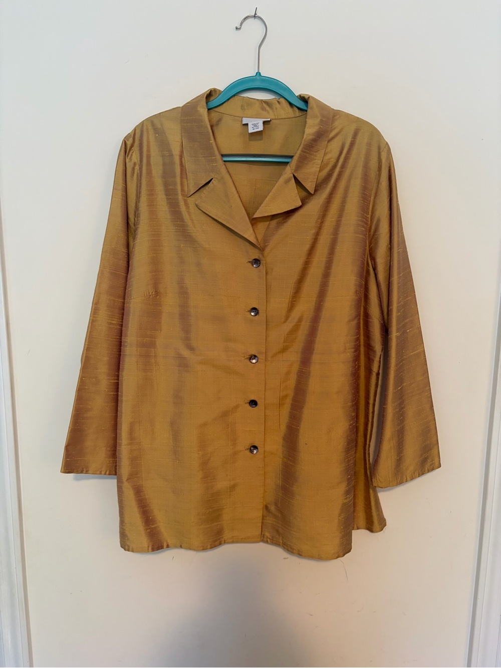 Avenue Gold Silk Button-Front Long-Sleeve Blouse